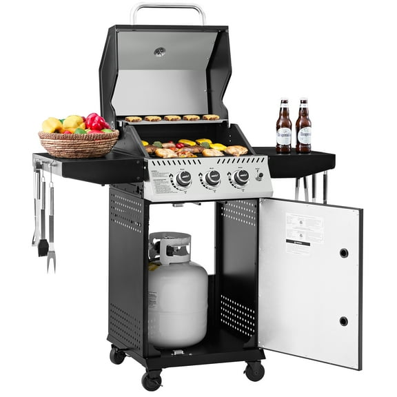 Royal Gourmet GG3001H 3-Burner BBQ Gas Grill,Cabinet Style Gas Grill with Side Shelves and Hooks,for Outdoor, Patio, Backyard and Balcony, Black