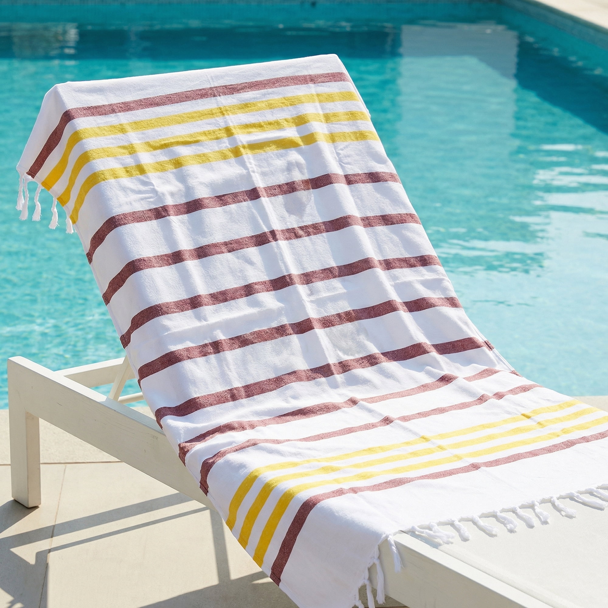 Unique Bargains Turkish Striped Cotton Beach Towel with Tassel Trim Brown 71" x 40"