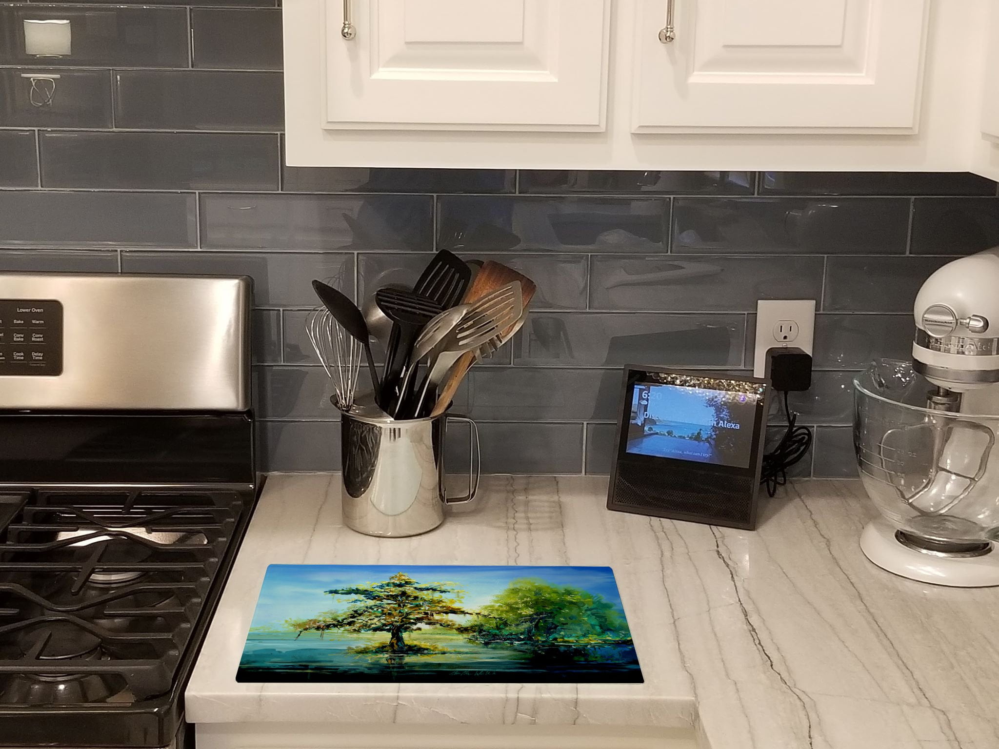 Cypress Tree in the Bayou Blue Glass Cutting Board 12 in x 15 in