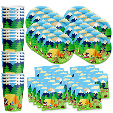 Camping Birthday Party Supplies Set Plates Napkins Cups Tableware Kit for 16