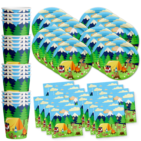 Camping Birthday Party Supplies Set Plates Napkins Cups Tableware Kit for 16