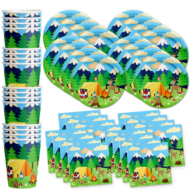 Camping Birthday Party Supplies Set Plates Napkins Cups Tableware Kit