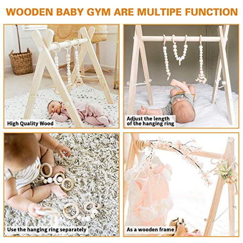 Foldable Wooden Baby Gym with 6 Toys - Natural Color UK