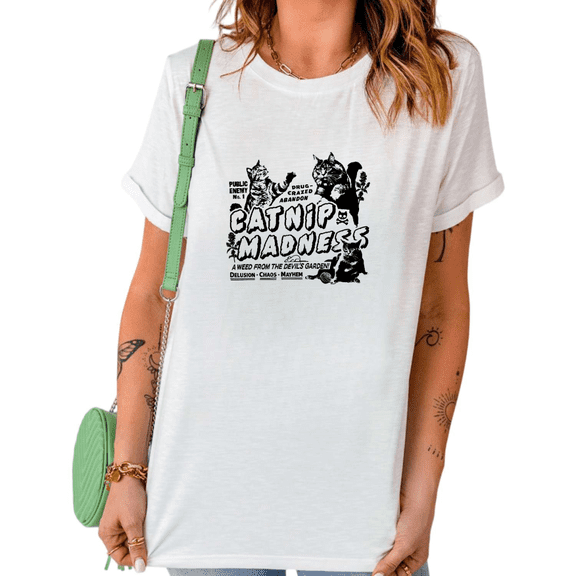 White Catnip Madness Vintage Punk Cat Graphic Tees Print Tshirt Shirts Funny Cat Lover Casual Tops S-5XL