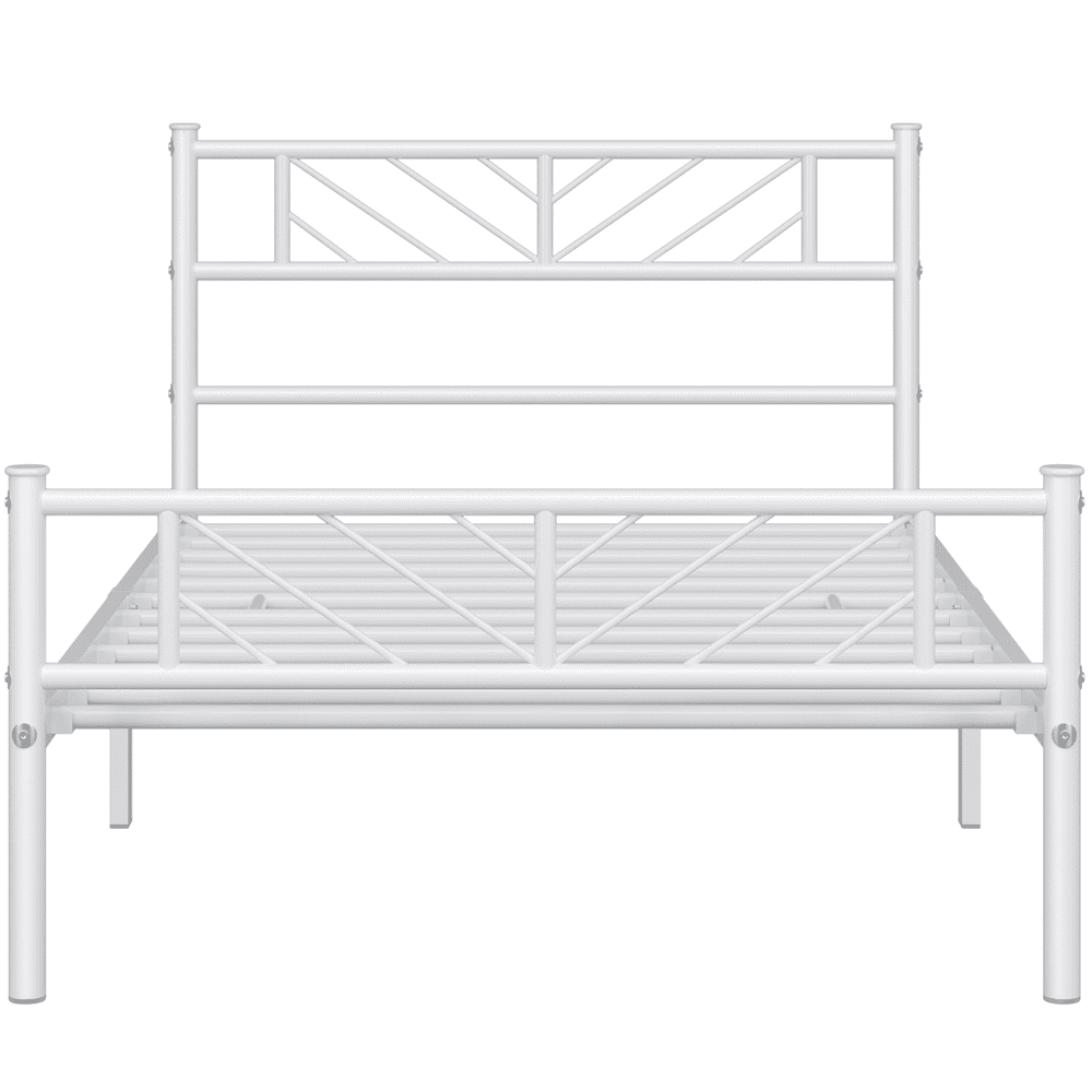 Fullfurnique Minimalist Metal Platform Bed with Arrow Design Headboard for Adult, Queen, White