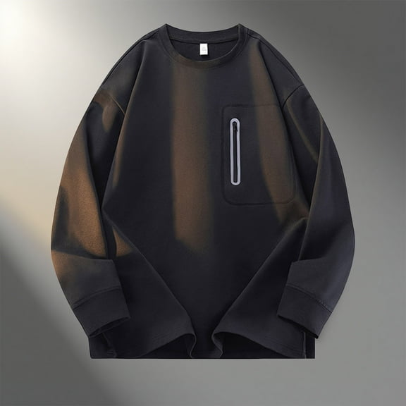 Yusimy Men's Casual Shirt Solid Color Long Sleeve Round Neck Zipper Front Pockets Urban Streetwear Minimalist Modern Style