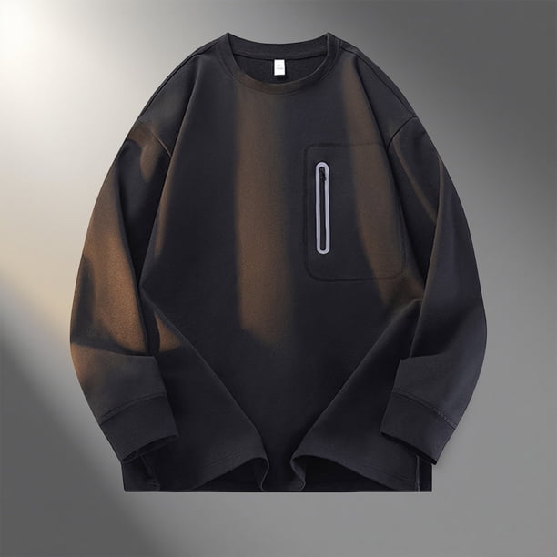 pstuiky Camisas de invierno de manga larga para hombre, Blusas/camisas casuales de moda para hombre, de color liso, de manga larga, cuello redondo, bolsillo y cremallera top de hombre s