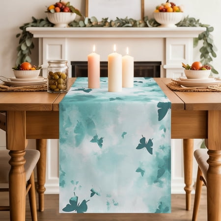 Teal Butterfly Table Runner Foggy Teal Green Butterfly Silhouette Washable Cotton-linen Table Runners Dining Kitchen Decoration for Everyday Home Wedding Party Decor 13 x 120 Inch