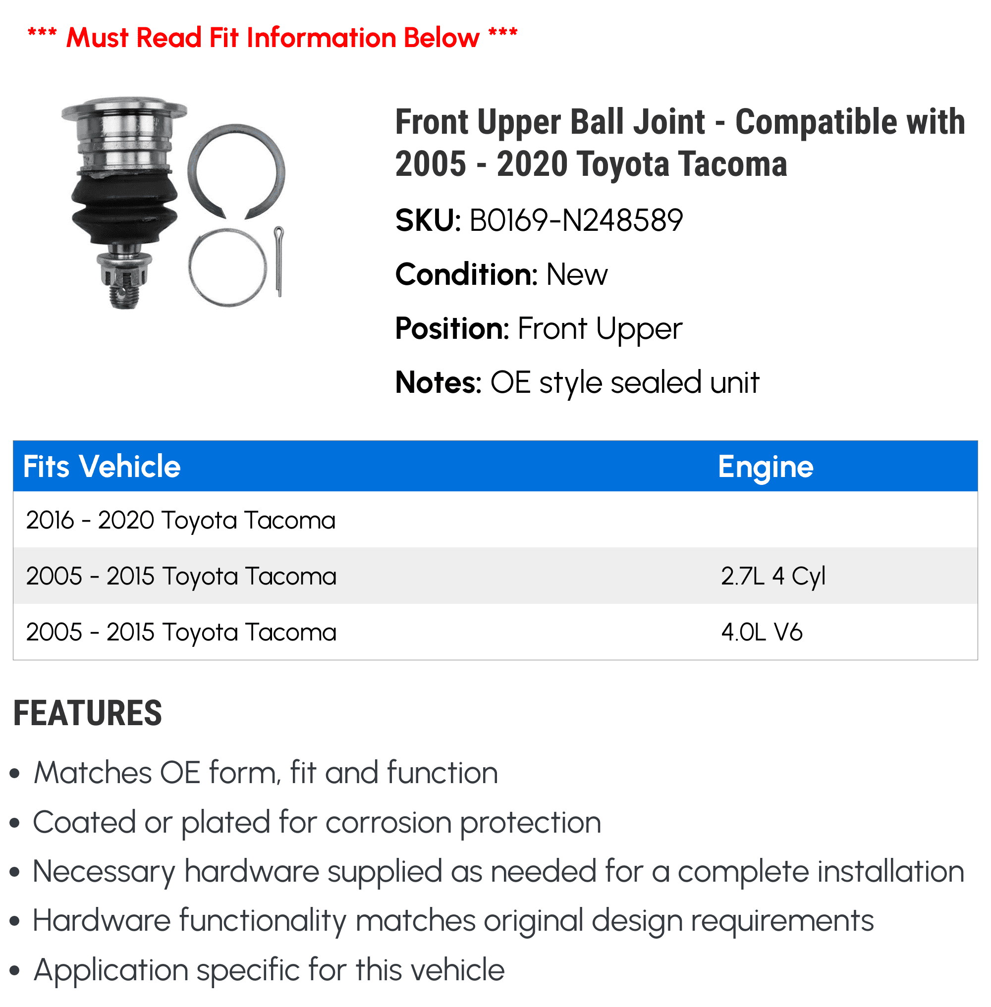 Front Upper Ball Joint - Compatible with 2005 - 2020 Toyota Tacoma 2006 2007 2008 2009 2010 2011 2012 2013 2014 2015 2016 2017 2018 2019