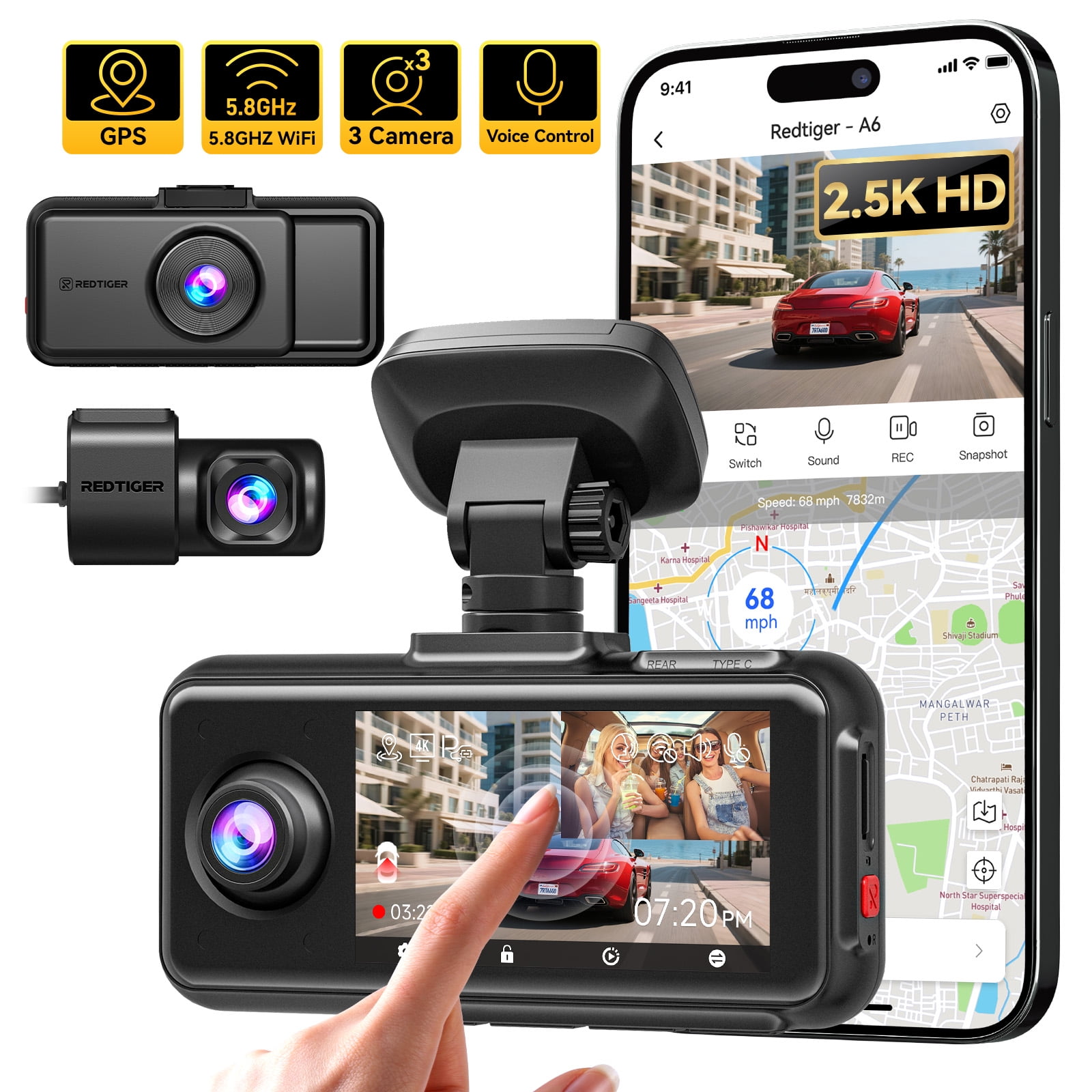 REDTIGER A6 3 Channel Dash Cam, Touch Screen, 2.5K+1080P+1080P Dash Cam Front and Rear Inside, Triple Dash Camera with WiFi & GPS, Loop Recording, Night Vision