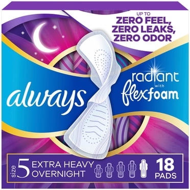 Always Radiant with FlexFoam Pads, Size 5, Extra Heavy Overnight, Wings, 18 Count