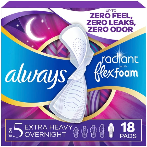 Always Radiant with FlexFoam Pads, Size 5, Extra Heavy Overnight, Wings, 18 Count