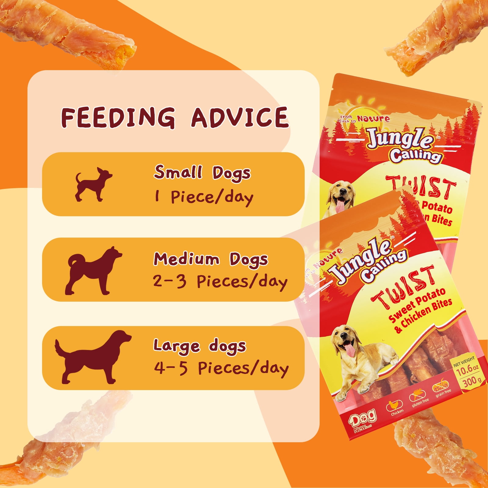 (5 pack) Jungle Calling Dog Treats, Chicken Wrapped Sweet Potato, Gluten and Grain Free, Chewy Dog Bites for Balanced Nutrition, 10.6 oz