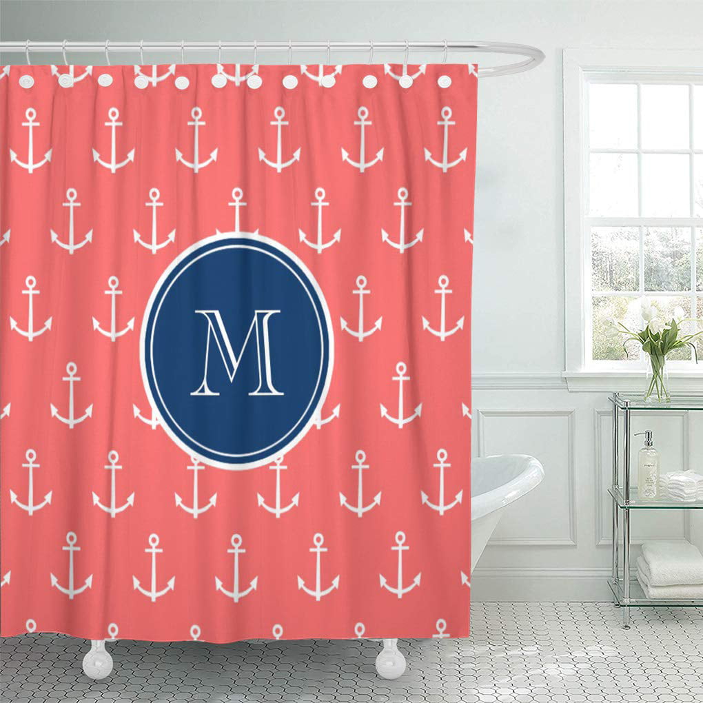 Nautical Shower Curtain set Anchor and red stripes Bathroom curtains 71Inch long 