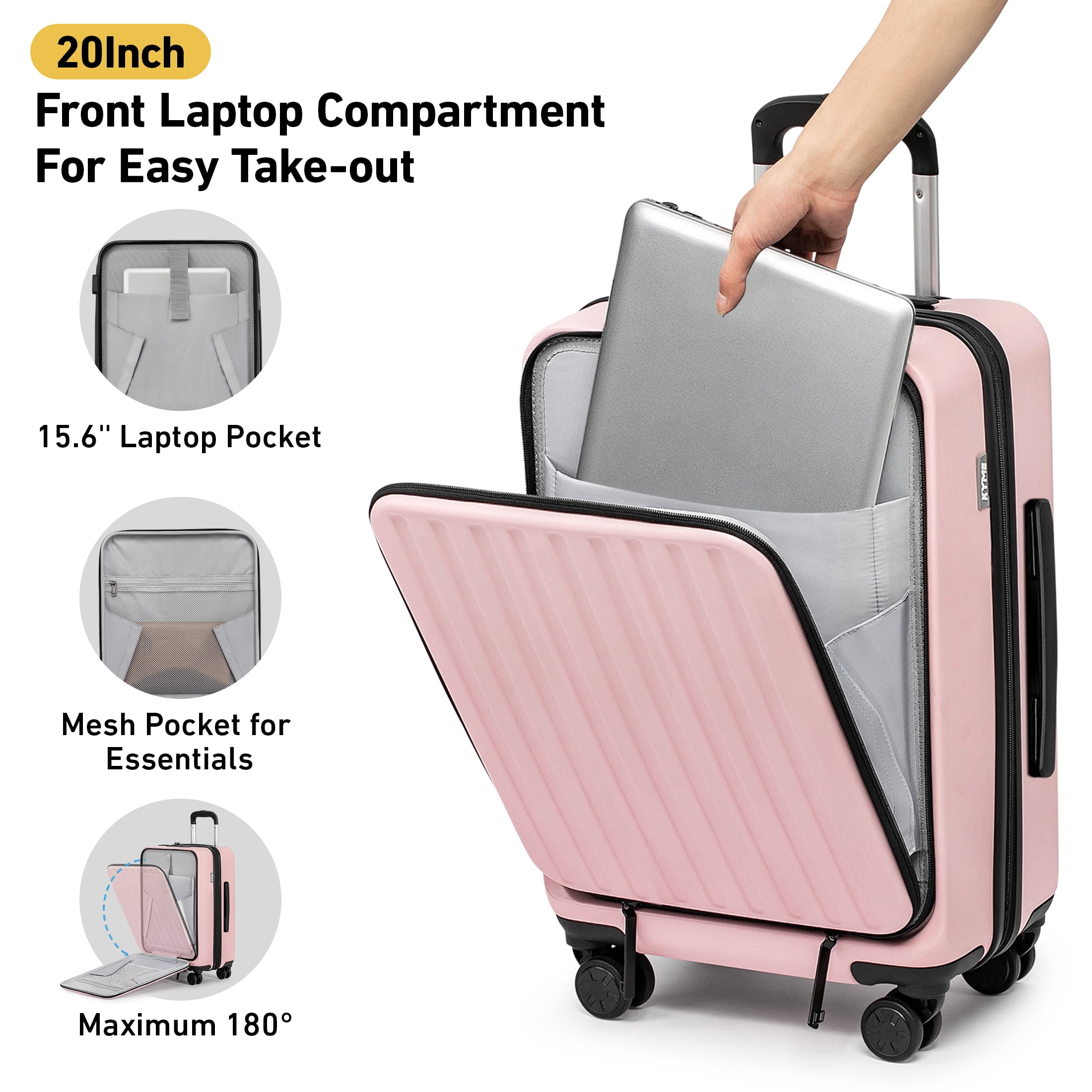 3 Piece Luggage Sets,Front Open Hard Shell 100% PC Suitcase With Double Spinner Wheels & TSA Lock
