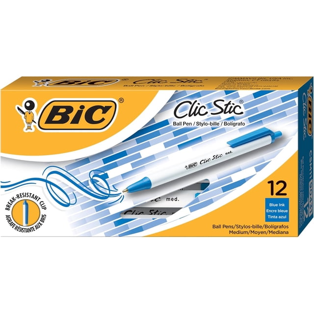 BIC Clic Stic Blue Retractable Ballpoint Pens, Medium Point (1.0mm), 12-Count Pack, Round Barrel Design for Comfortable Writing (Color Blue, Ink Color Blue)