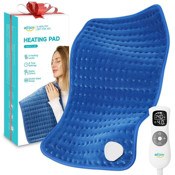 ALLJOY Electric Large Heating Pad for Neck, Back, and Shoulders with 6 Heat Levels & 8 Timers, Auto Shut Off - 24" x 12" - Blue