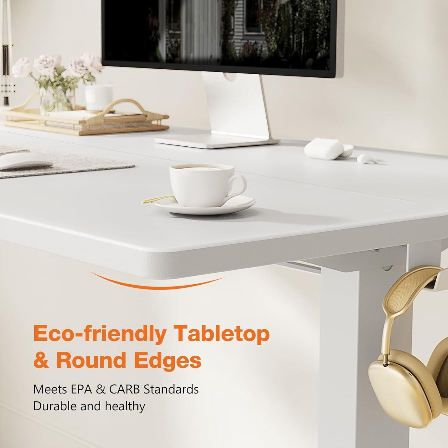 AENKYO Electric Height Adjustable Standing Desk with T-Shaped Metal Frame, Ergonomic Home Office Workstation for Computer, Modern Sit to Stand Desk，White