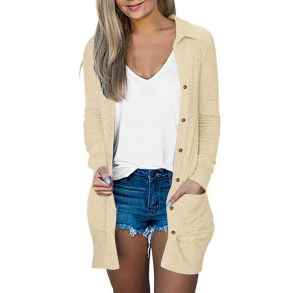 Mohiass Long Cardigans for Women Open Front Trendy Lightweight Cardigans Lapel Button Down Thin Cardigan Sweaters with Pocket Beige L