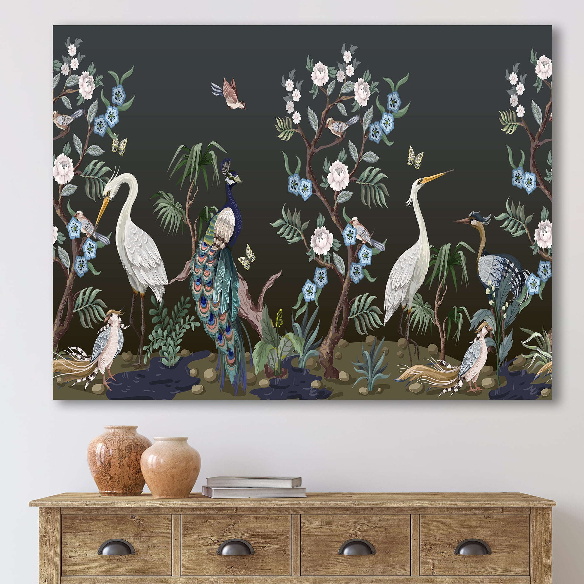 Designart ' Chinoiserie With Peonies and Birds IV ' Traditional Canvas Wall Art Print