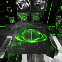 Green Basketball Queen Comforter Set - 7 Pieces Bed in A Bag 3D Check Plaid Comforters,Sports Lover Bedding Sets with Comforter, Flat Sheet, Fitted Sheet and Pillowcases & Shams