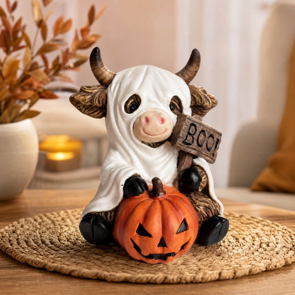 Halloween Ghost Highland Cow Resin Figurine with Pumpkin and Boo Sign, Farmhouse Tabletop Ornament, Indoor Halloween Decor