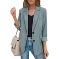 thumbnail image 2 of Blazer Women Solid Open Front Long Sleeve Work Office Lapel Collar Buttons Suit Jacket Blue M, 2 of 5