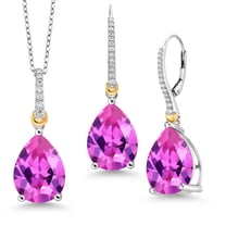 Gem Stone King 925 Silver and 10K Yellow Gold Pendant with Chain Earrings Set Created Sapphire Moissanite (32.36 Cttw)