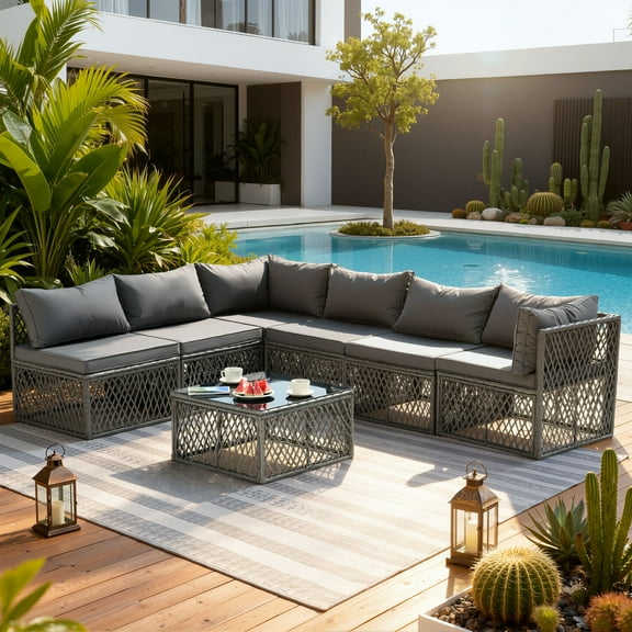 7 Piece Rattan Sectional Sofa Set, Outdoor Conversation Set, All-Weather Wicker Sectional Seating Group with Cushions & Coffee Table, Morden Furniture Couch Set for Patio Deck Garden Pool