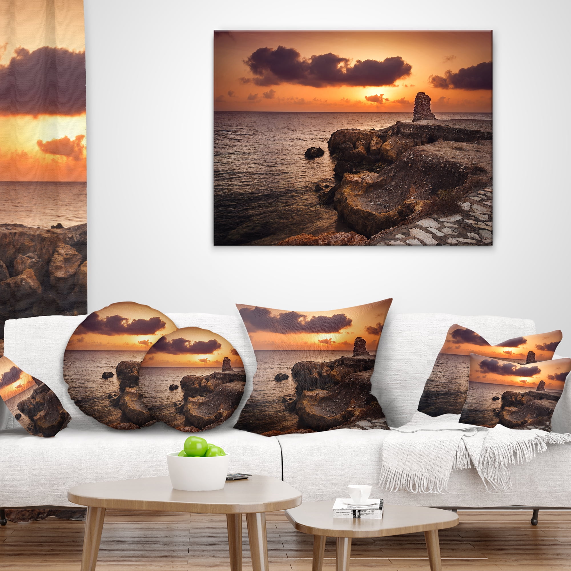 Designart Beach Sunset with Ancient Ruins - Oversized Beach Throw Pillow - 18x18