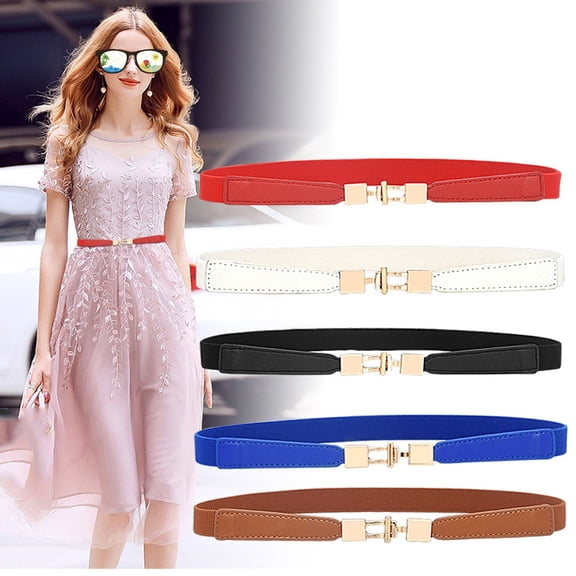 Lumistal Women Skinny Elastic Belt for Dresses Retro Leather Waist Belt Thin Stretch Waist Belt with Golden Buckle Ladies Body Belt Simple Elastic Belt Brown 65X1X2