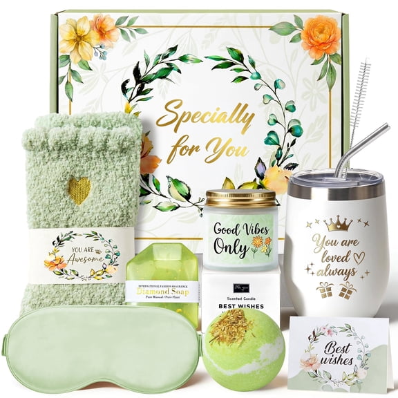 WKTRSM Birthday Gifts Basket for Women, 8 Pcs Unique Self Care Gift Set with Insulated Tumbler and Bath Shower Sets, Forest Boho Themed Relaxation Gifts for Mom Wife Grandma Sister Female Friends