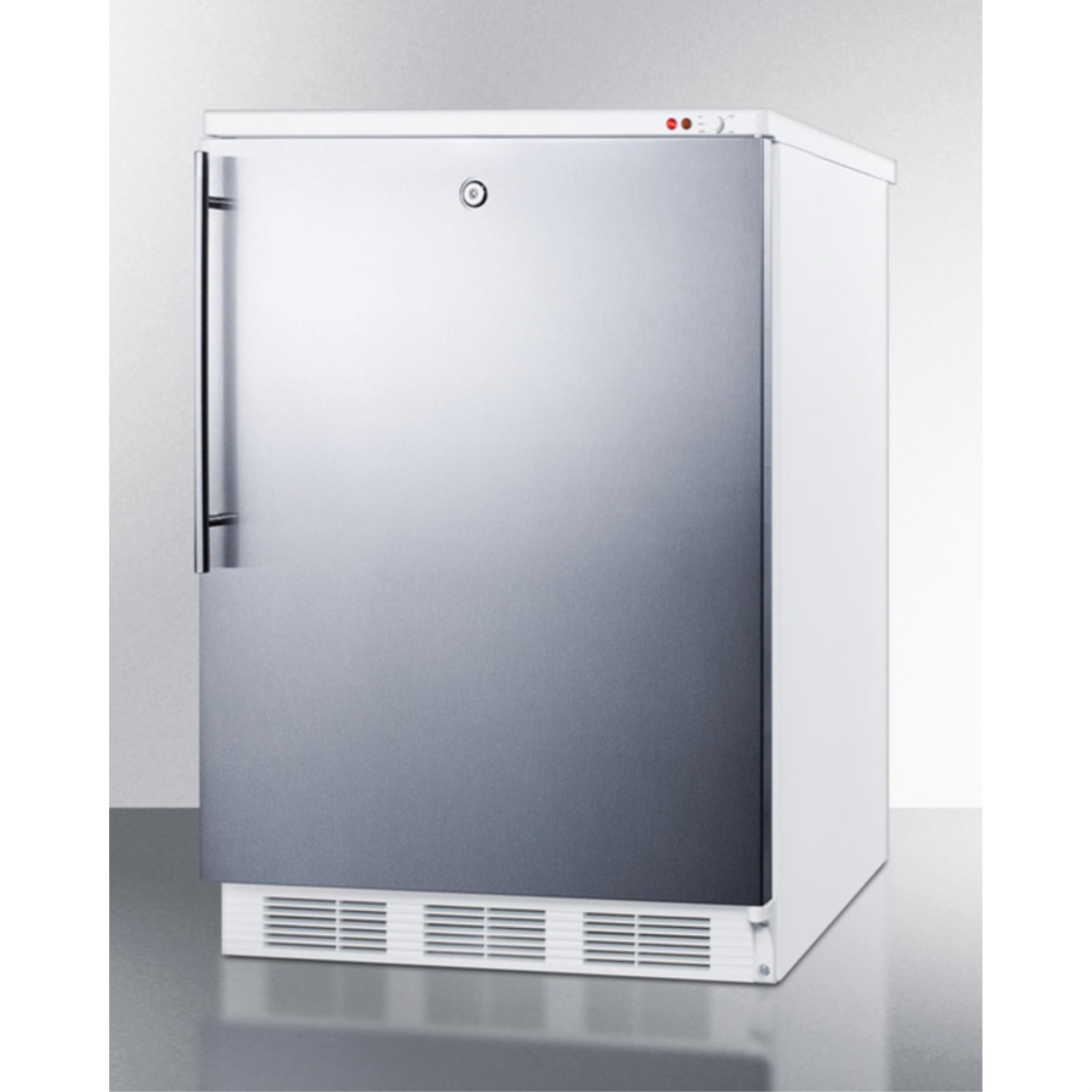 Built-in medical all-freezer capable of -25 C operation, with front lock, wrapped stainless steel door and thin handle