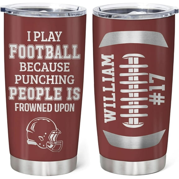 Personalized Football American Tumbler - I Play Football Custom Name Stainless Steel Tumbler 20 oz With Straw Lid - Football Gifts For Women Men Fan Coach Sport Lovers Birthday Mother's Day
