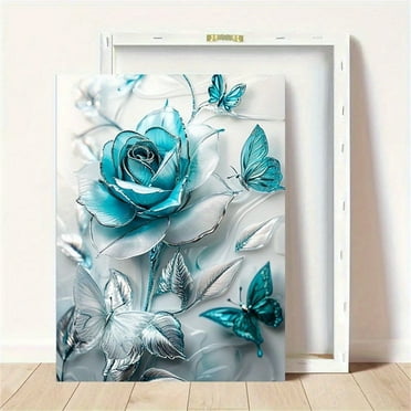 Elegant Turquoise Blue Crystal Rose & Teal Butterflies Canvas Wall Art with Wooden Frame - Classic Decorative Poster for Living Room, Bedroom, Home Office - Aesthetic Indoor Decor, Ready to Hang,