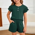 thumbnail image 2 of larppty Little Girls Solid Black 2 Piece Pajama Set, Ruffle Sleeve Button Top & Pocket Shorts, Soft Cotton Toddler Loungewear（Green, 13-14 Years）, 2 of 4