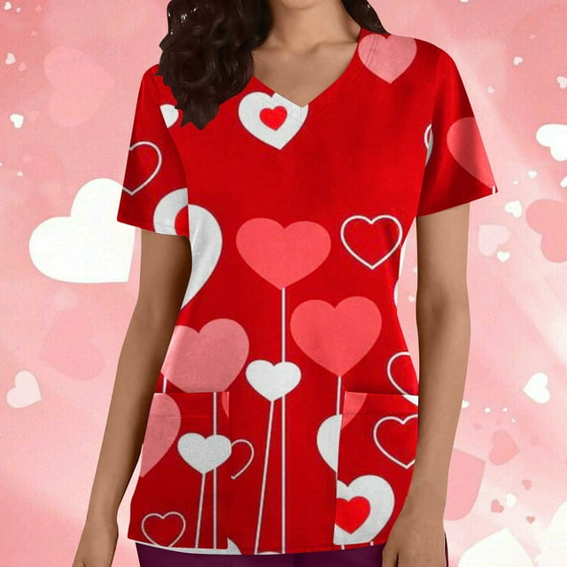 TIMIFIS Hauts de Sarrau de la Saint-Valentin pour Femmes Imprimés Uniforme de Travail à Manches Courtes Col en V Blouse T-shirt de Travail avec Poches - Imprimé Rouge