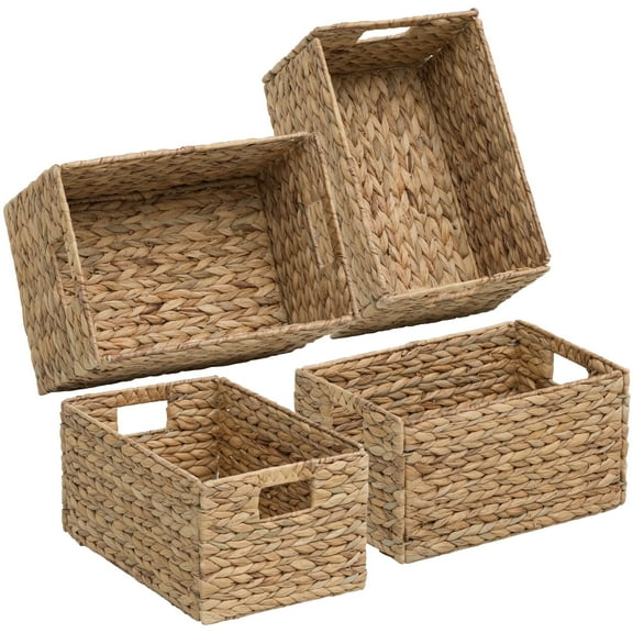 eHemco Rectangular Woven Hyacinth Wicker Pantry Storage Baskets with Iron Wire Frame, 13.25"x9"x7", Natural, Set of 4
