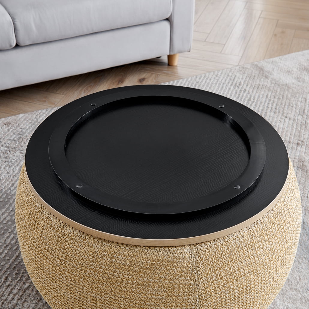 Woven Rattan Ottoman with Spacious Storage & 2-in-1 Footrest/Side Table, Natural Fiber Seat Stool for Living Room, Bedroom, Patio (25x25x14.7 Inches), Natural