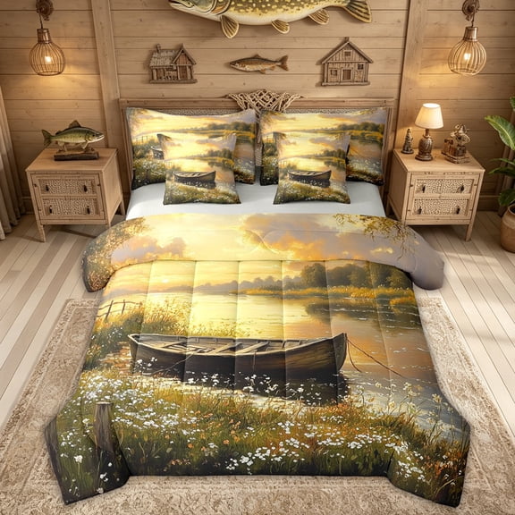 Feelyou Wildflower Boat Twin Bedding Sets for Men Women, Forest Lake Country Outdoor Nature Bedding Comforter Set, Gold Yellow, Grey Reversible, 7pcs