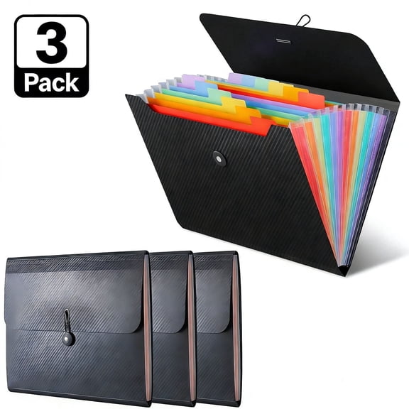 Minorsun Accordion File Organizer 13 Pocket, Expanding Folder with Label, Plastic Pocket Paper Organizer for Documents, Office, Home, School, 3 Pack