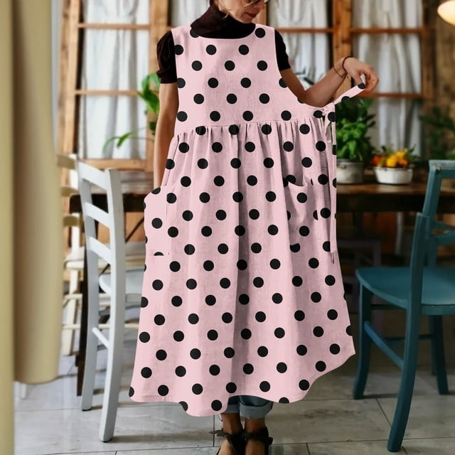 Uootdi Robes Chasubles pour Femmes Col Ras du Cou Sans Manches Motif à Pois avec Poches Robes en Lin Décontractées Confortables Décontractées Robes Maxi Cadeau