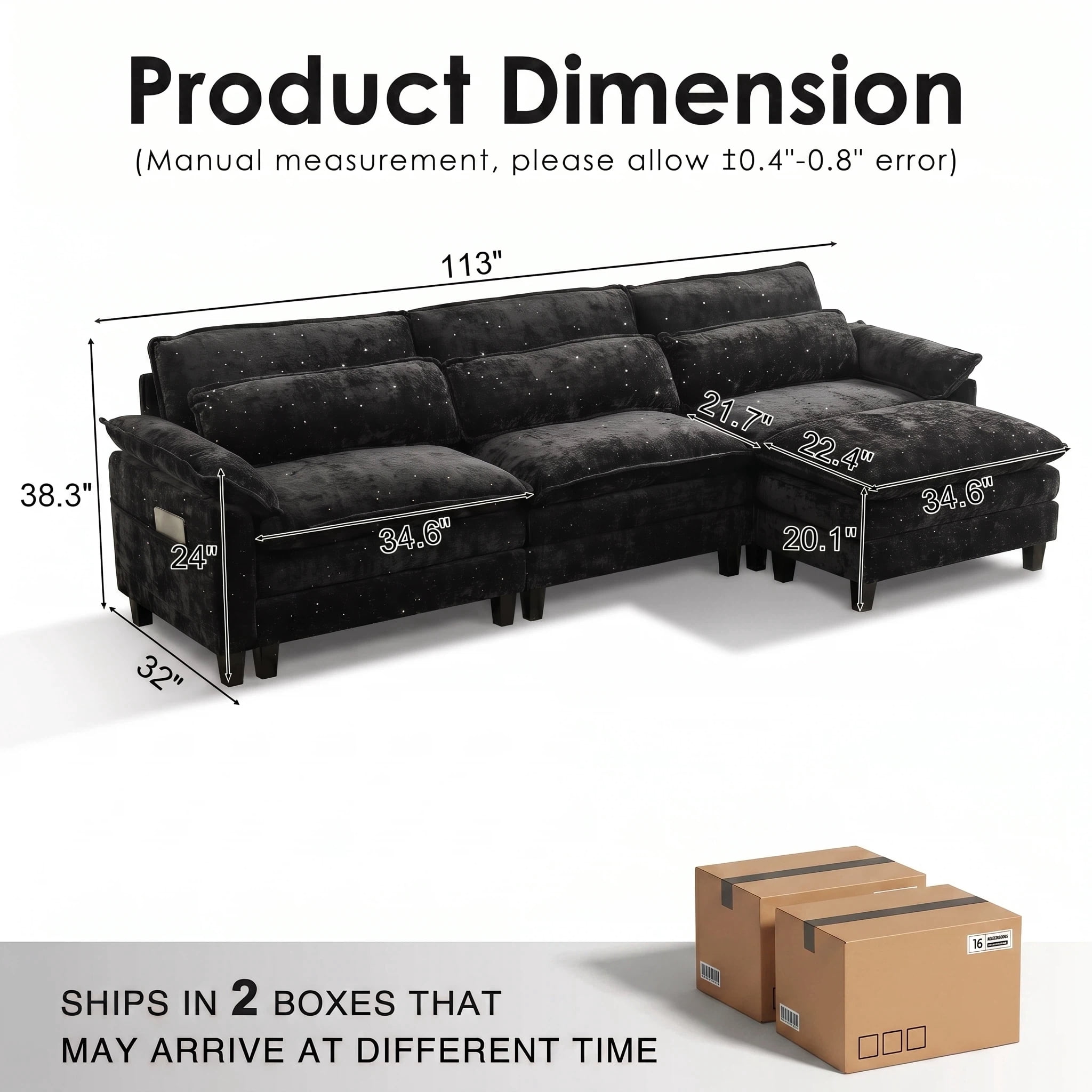 UBERLYFE 113" L Shaped Cloud Modular Sectional Sofa, Deep Wide Seat Couch with Ottoman, USB Charging Ports, Side Storage Pockets & Throw Pillows, Modern Chenille Living Room Furniture, Black