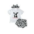 thumbnail image 1 of Franhais Baby Girls 3 Pcs Clothes Sets, Letter Cow Head Print Short Sleeve Tassels T-shirt Spot Pattern Shorts with Headband, 1 of 8