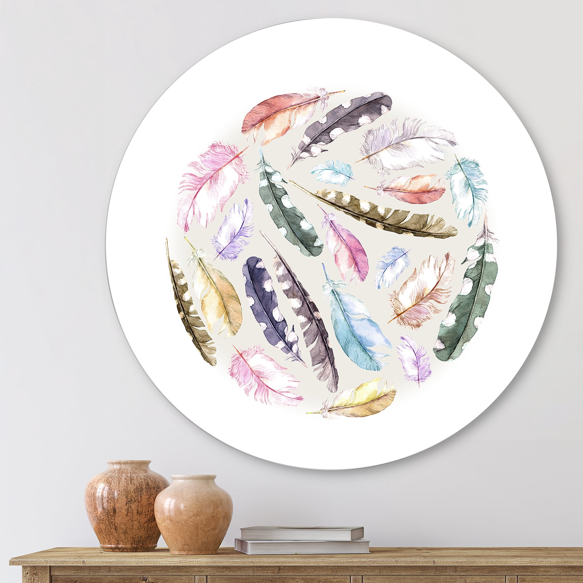 Designart 'Ancient Bird Feathers In Circle' Traditional Circle Metal Wall Art 23x23 - Disc of 23