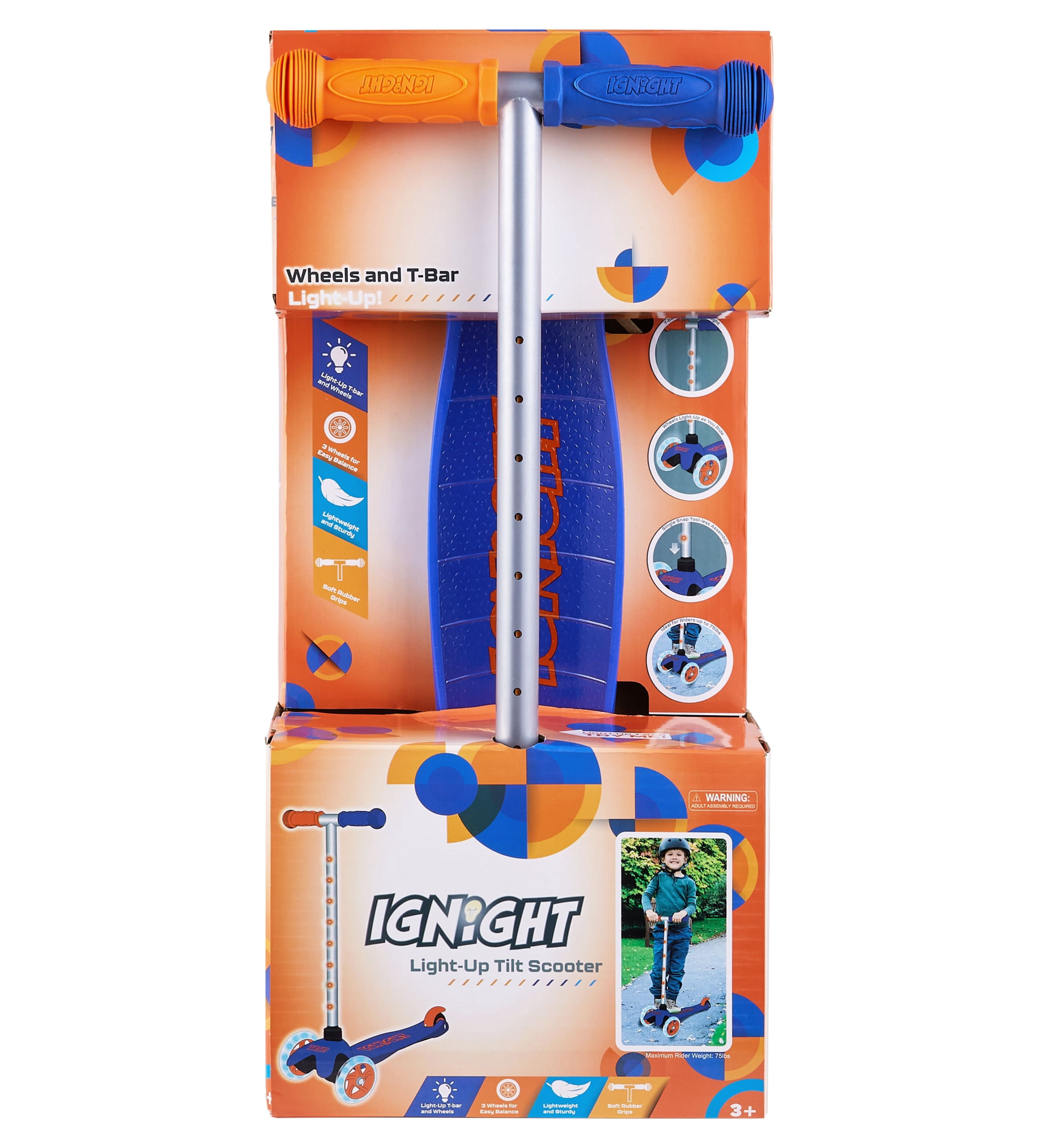 Ignight 3 Wheel Blue Scooter with Light up Wheels & Tbar, for Unisex Ages 3+