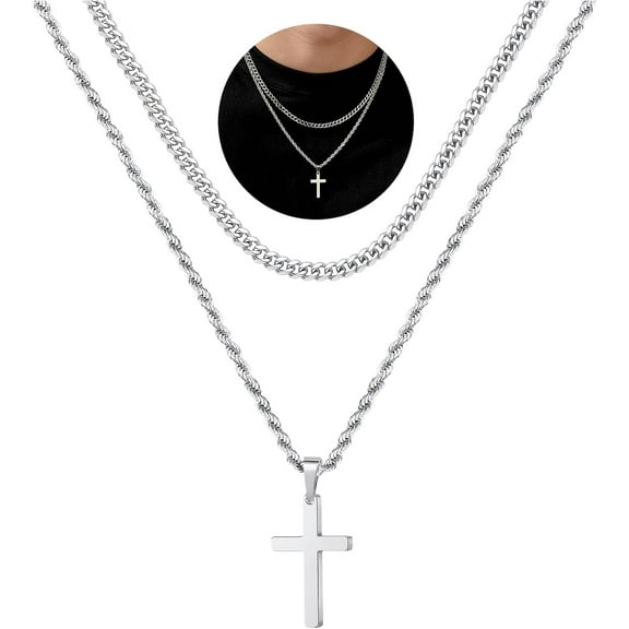 JL Cross Necklace for Men, Gold Black Silver Mens Cross Necklaces Stainless Steel Cross Pendant Necklace Simple Jewelry Gifts Cross Chain Necklace for Men