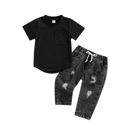 

Infant Baby Boys 2 Pieces Outfits Solid Color Round Neck Short Sleeve T-Shirt Tops + Ripped Jeans Denim Pants Set