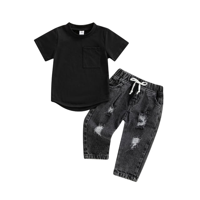 ZAXARRA Infant Baby Boys 2 Pieces Outfits, Solid Color Round Neck Short Sleeve T-Shirt Tops + Ripped Jeans Denim Pants Set