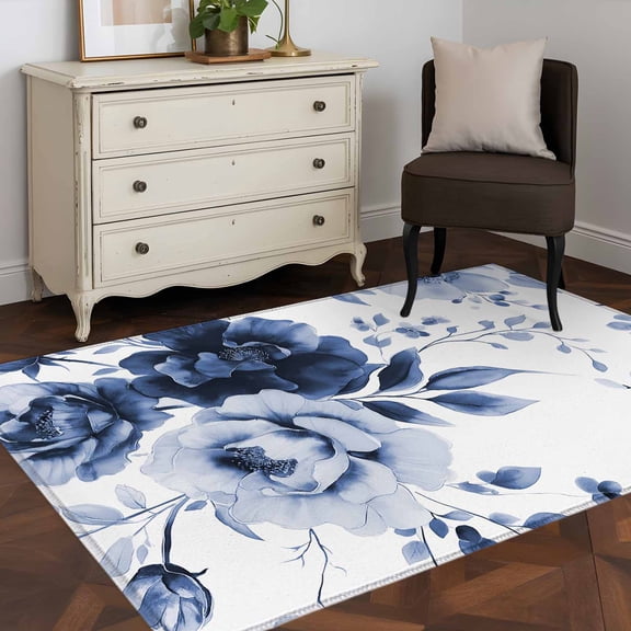 3'x5' Area Rugs, Blue Floral Art Indoor Outdoor Area Rug for Living Room Bedroom, Watercolor Botanical Spring Flowers Washable Bathroom Rugs Kitchen Floor Carpet Mats Home Decor Aesthetic